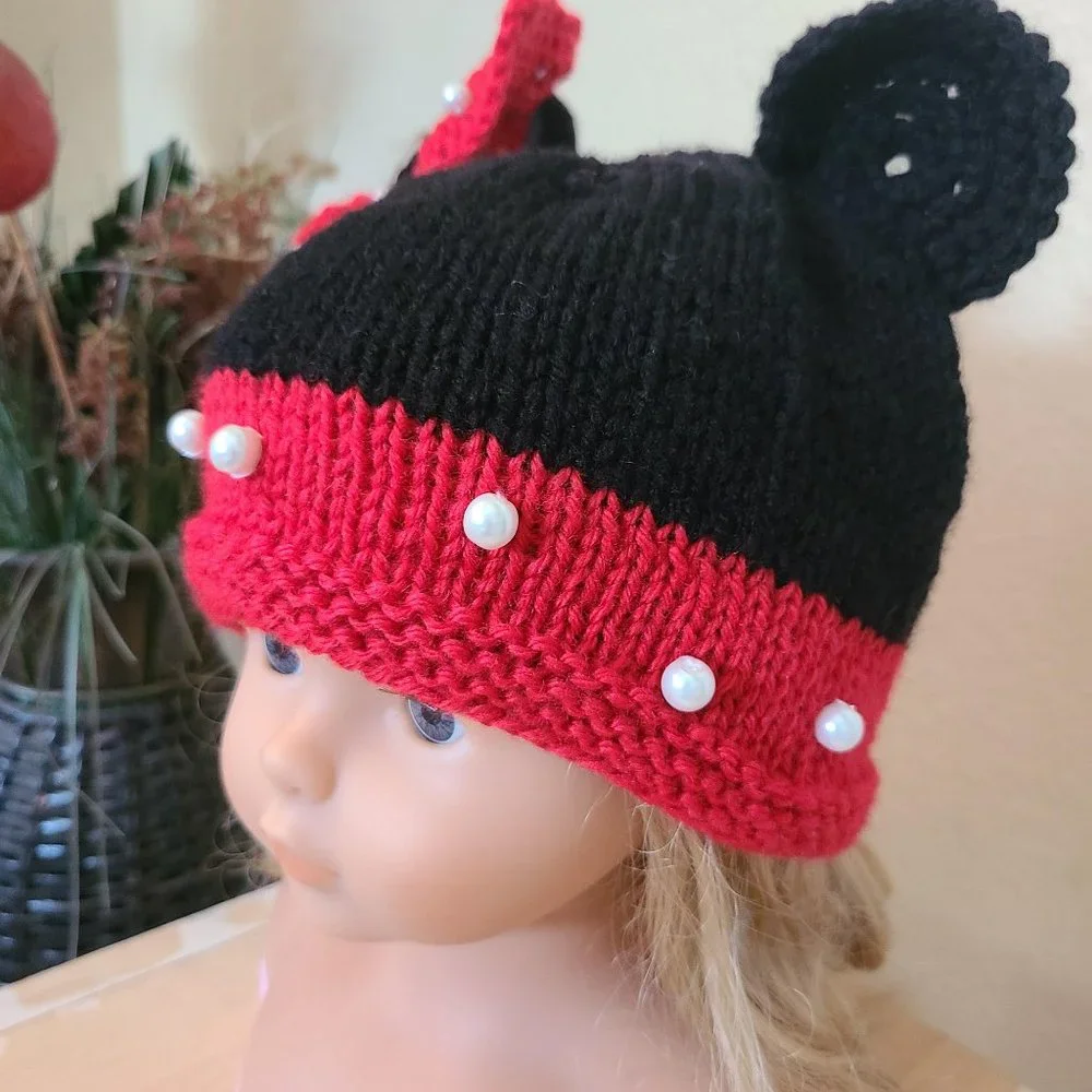Minnie Mouse inspired Baby Infant Girl Knit Hat Red Black Size 3-6 M Photo Prop